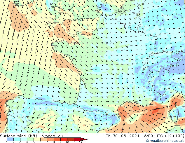 Surface wind (bft) Arpege-eu Th 30.05.2024 18 UTC