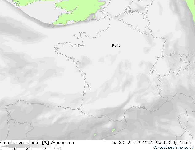 Cloud cover (high) Arpege-eu Tu 28.05.2024 21 UTC