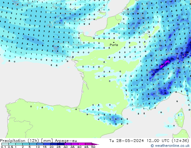 Precipitation (12h) Arpege-eu Út 28.05.2024 00 UTC