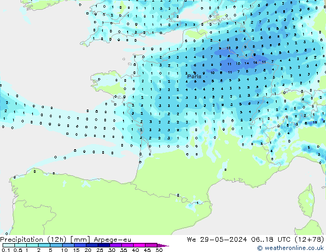 Totale neerslag (12h) Arpege-eu wo 29.05.2024 18 UTC