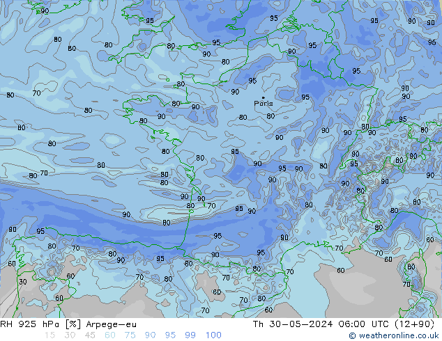 RH 925 hPa Arpege-eu gio 30.05.2024 06 UTC