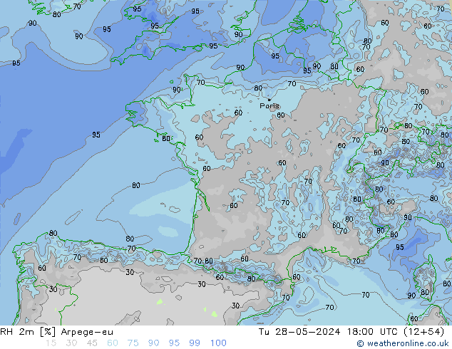 RH 2m Arpege-eu Tu 28.05.2024 18 UTC