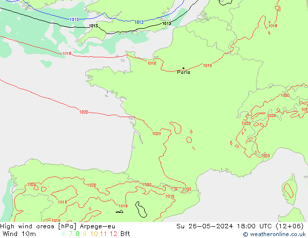 High wind areas Arpege-eu Ne 26.05.2024 18 UTC