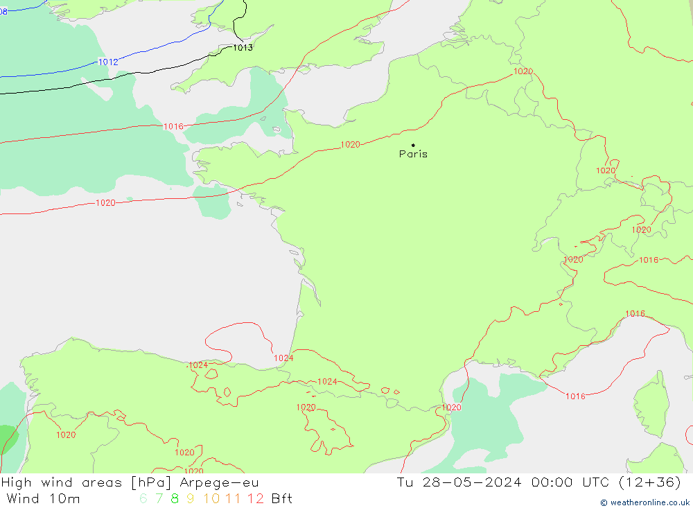 High wind areas Arpege-eu вт 28.05.2024 00 UTC