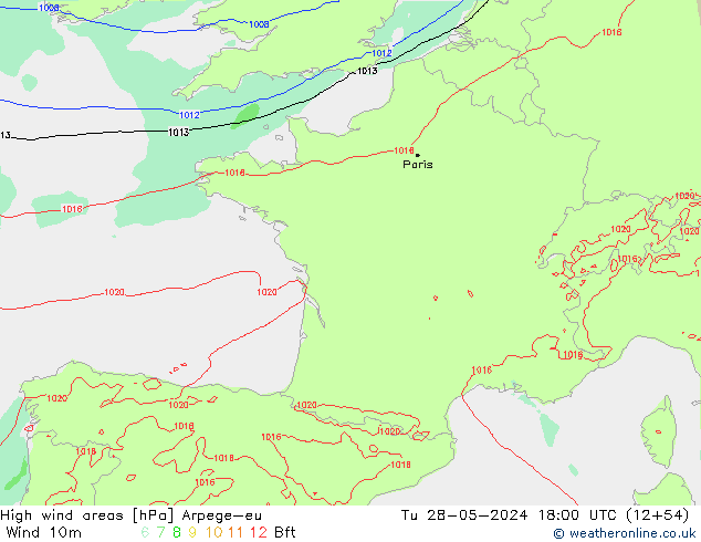 High wind areas Arpege-eu Tu 28.05.2024 18 UTC