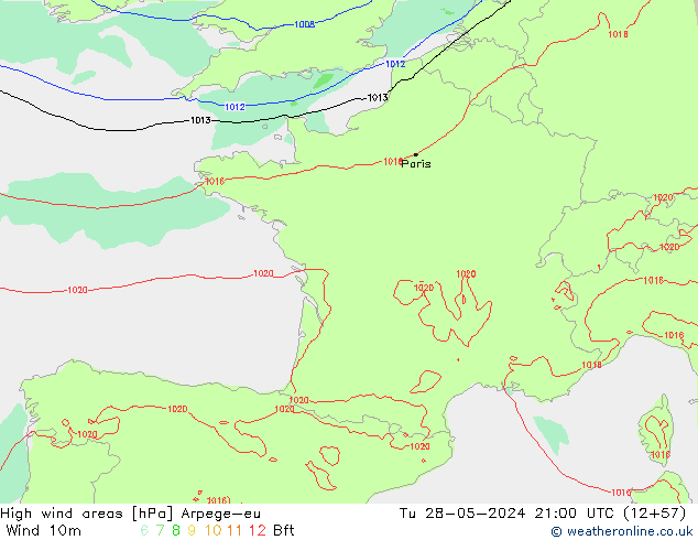 High wind areas Arpege-eu Tu 28.05.2024 21 UTC