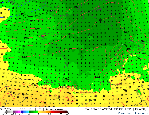 SLP/Temp. 850 hPa Arpege-eu Út 28.05.2024 00 UTC