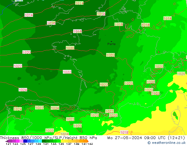 Thck 850-1000 hPa Arpege-eu Po 27.05.2024 09 UTC