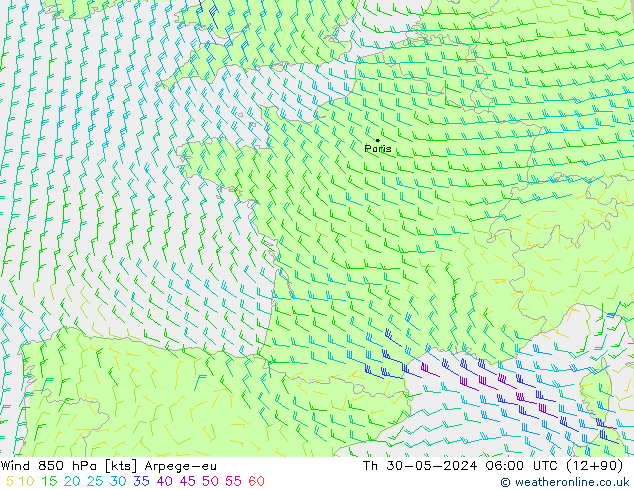 Wind 850 hPa Arpege-eu Th 30.05.2024 06 UTC