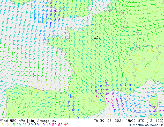 Wind 850 hPa Arpege-eu Do 30.05.2024 18 UTC