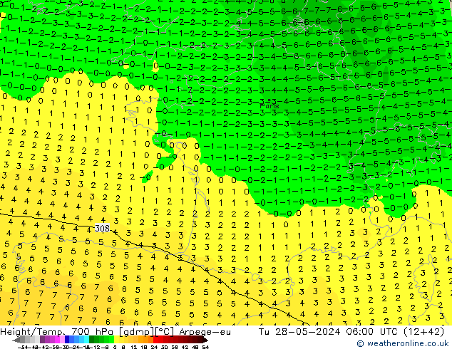 Height/Temp. 700 hPa Arpege-eu Tu 28.05.2024 06 UTC