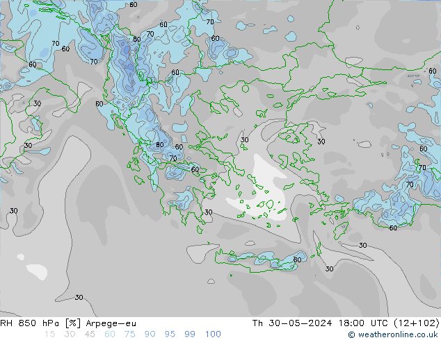 Humidité rel. 850 hPa Arpege-eu jeu 30.05.2024 18 UTC