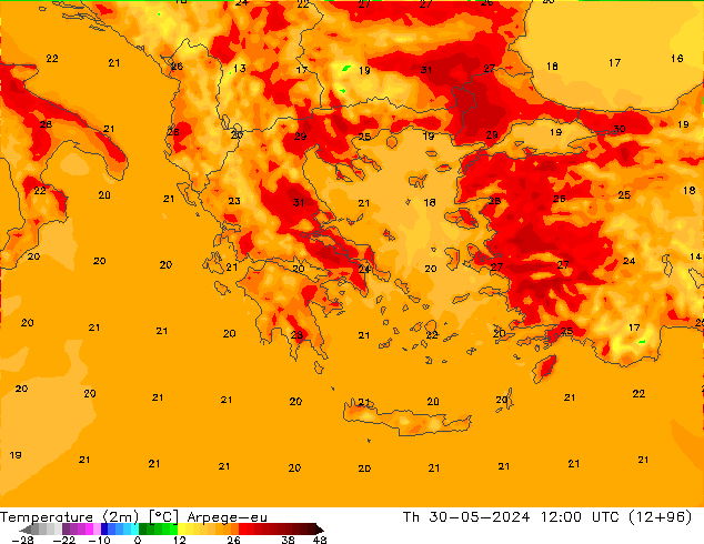 Temperatura (2m) Arpege-eu Qui 30.05.2024 12 UTC