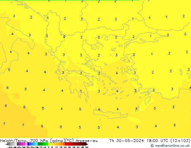 Geop./Temp. 700 hPa Arpege-eu jue 30.05.2024 18 UTC