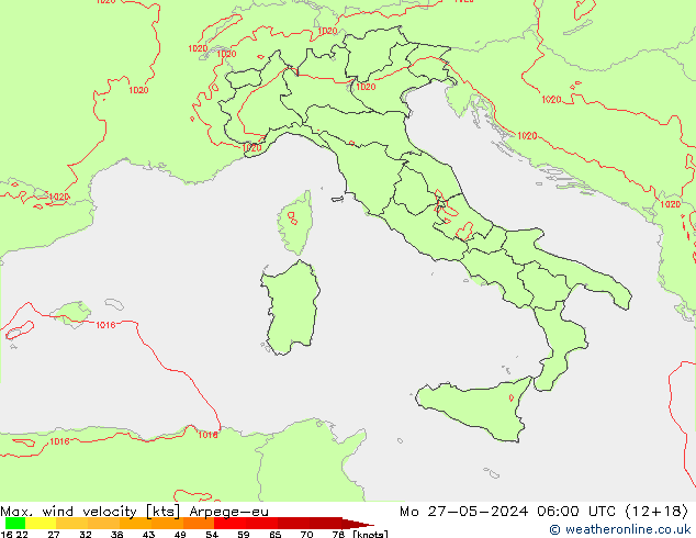 Max. wind velocity Arpege-eu lun 27.05.2024 06 UTC