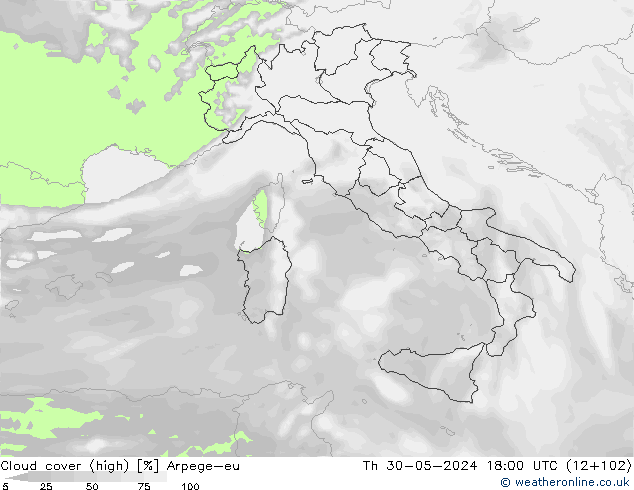 Cloud cover (high) Arpege-eu Th 30.05.2024 18 UTC