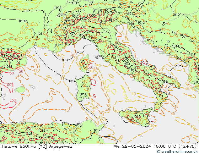 Theta-e 850hPa Arpege-eu We 29.05.2024 18 UTC