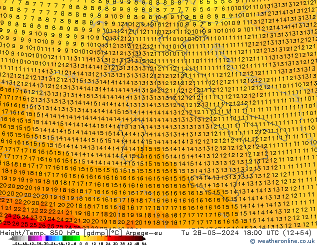 Hoogte/Temp. 850 hPa Arpege-eu di 28.05.2024 18 UTC