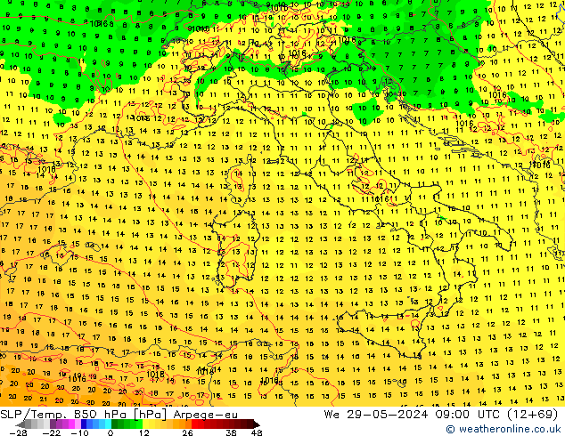 SLP/Temp. 850 гПа Arpege-eu ср 29.05.2024 09 UTC