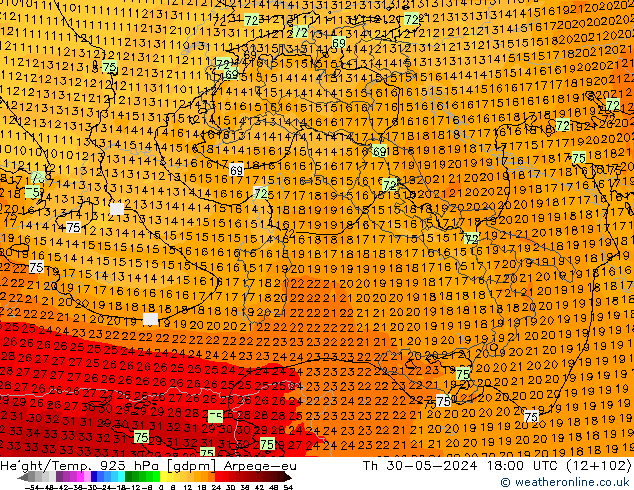 Hoogte/Temp. 925 hPa Arpege-eu do 30.05.2024 18 UTC