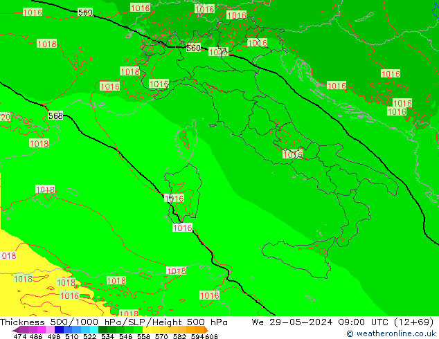 Dikte 500-1000hPa Arpege-eu wo 29.05.2024 09 UTC