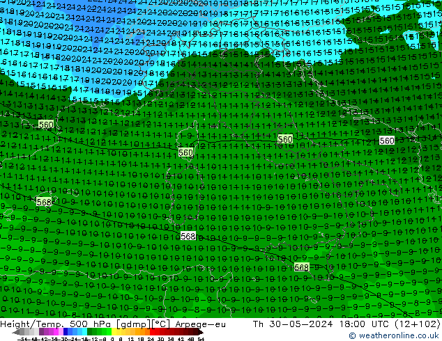 Height/Temp. 500 hPa Arpege-eu  30.05.2024 18 UTC