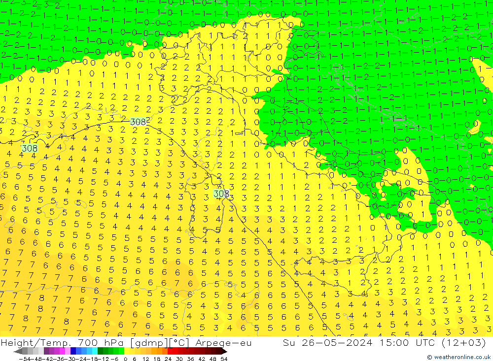 Hoogte/Temp. 700 hPa Arpege-eu zo 26.05.2024 15 UTC