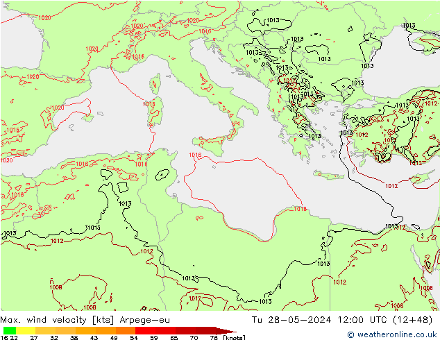 Max. wind velocity Arpege-eu  28.05.2024 12 UTC