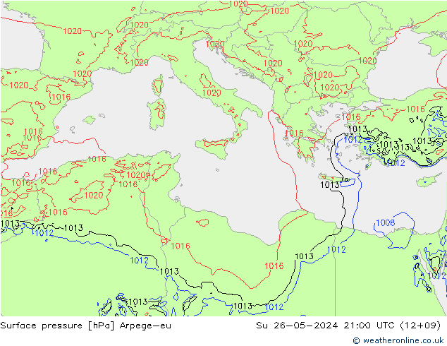 Pressione al suolo Arpege-eu dom 26.05.2024 21 UTC