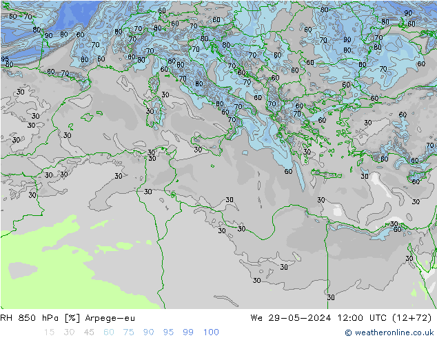 850 hPa Nispi Nem Arpege-eu Çar 29.05.2024 12 UTC