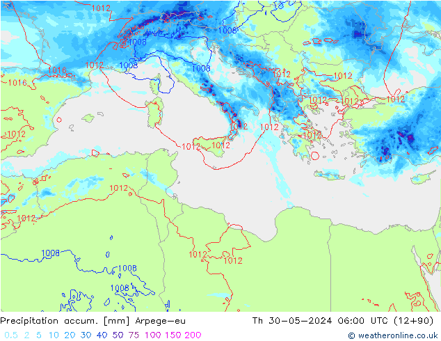 Precipitation accum. Arpege-eu gio 30.05.2024 06 UTC
