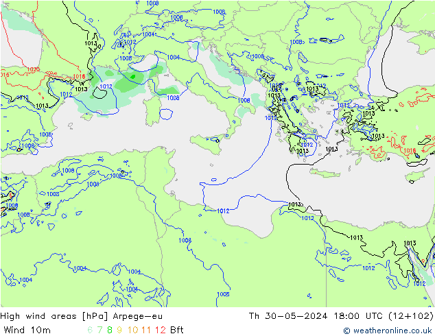 High wind areas Arpege-eu gio 30.05.2024 18 UTC