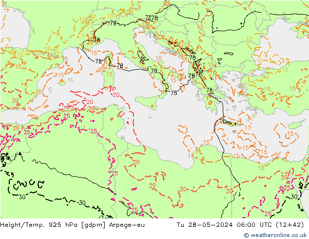 Geop./Temp. 925 hPa Arpege-eu mar 28.05.2024 06 UTC