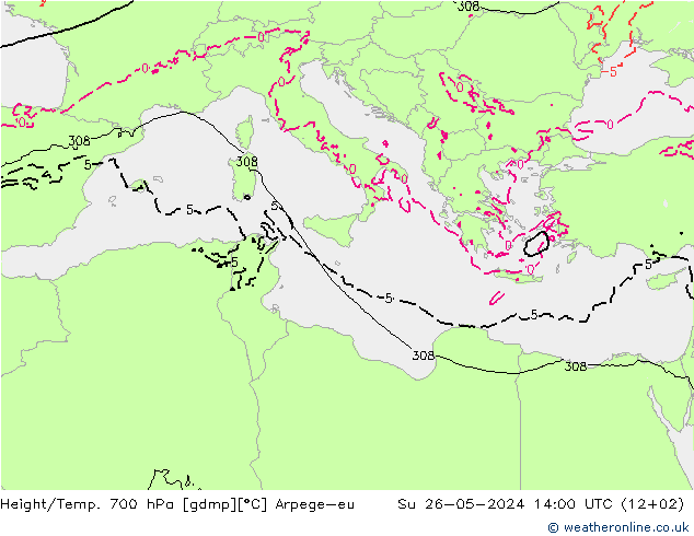 Height/Temp. 700 hPa Arpege-eu Su 26.05.2024 14 UTC