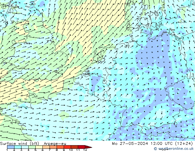 Vent 10 m (bft) Arpege-eu lun 27.05.2024 12 UTC