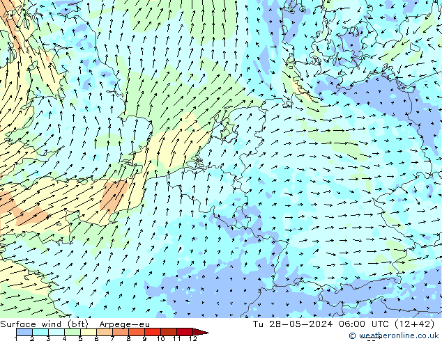 Surface wind (bft) Arpege-eu Tu 28.05.2024 06 UTC