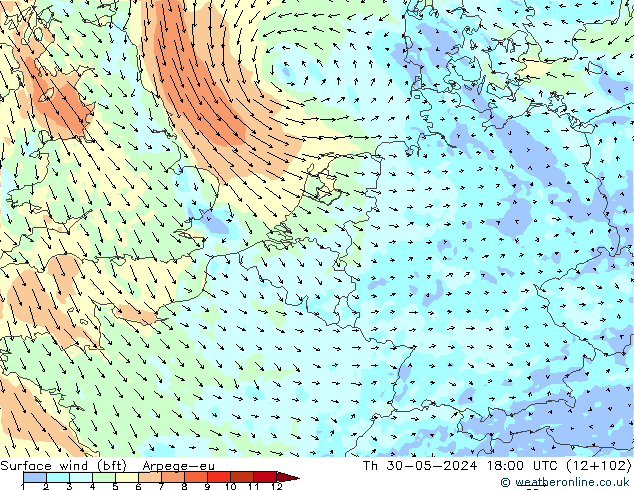 Surface wind (bft) Arpege-eu Čt 30.05.2024 18 UTC