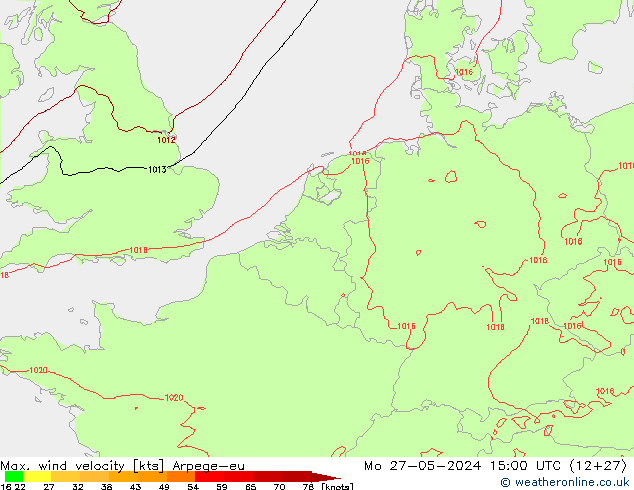 Max. wind velocity Arpege-eu Mo 27.05.2024 15 UTC