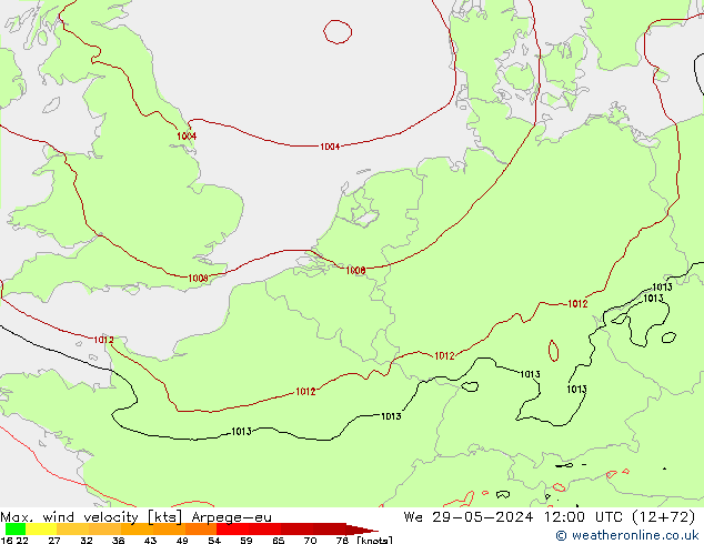 Max. wind snelheid Arpege-eu wo 29.05.2024 12 UTC