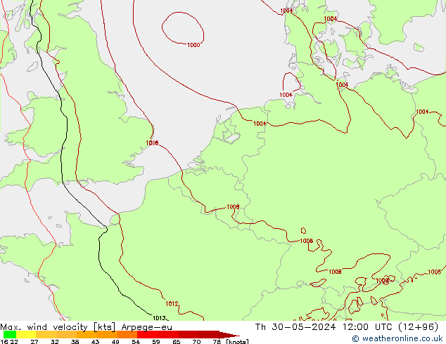 Max. wind velocity Arpege-eu Th 30.05.2024 12 UTC