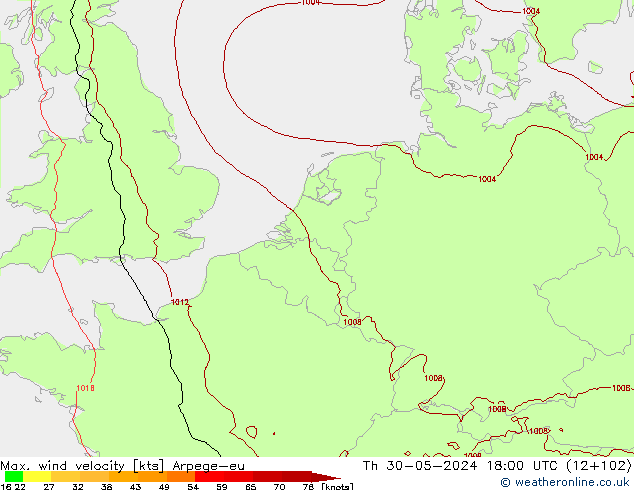 Max. wind velocity Arpege-eu Čt 30.05.2024 18 UTC