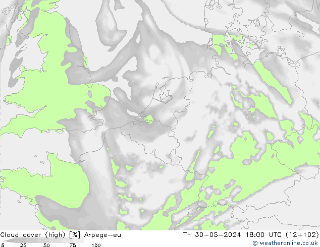Cloud cover (high) Arpege-eu Th 30.05.2024 18 UTC