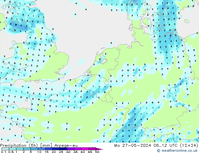 Totale neerslag (6h) Arpege-eu ma 27.05.2024 12 UTC