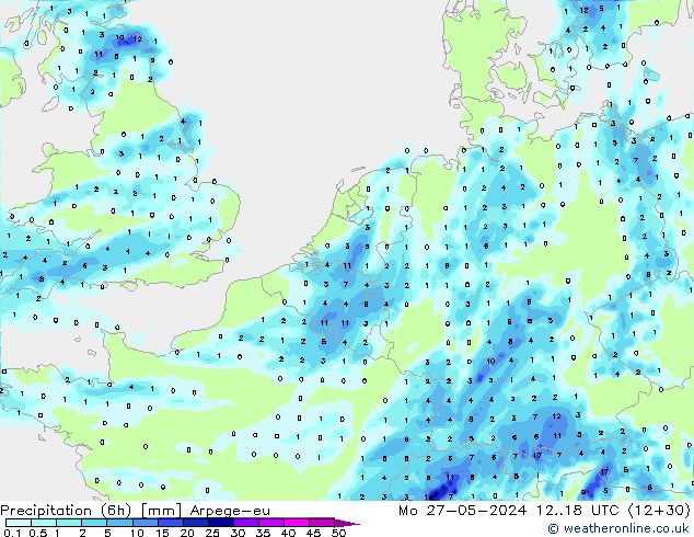 Precipitation (6h) Arpege-eu Mo 27.05.2024 18 UTC