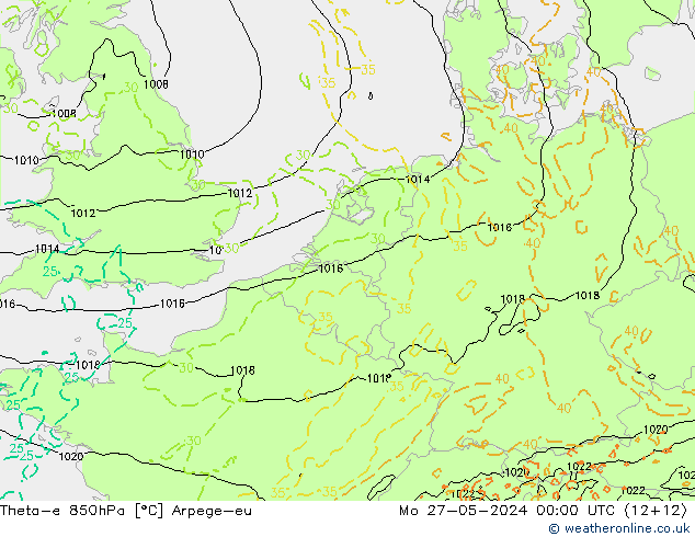 Theta-e 850hPa Arpege-eu Mo 27.05.2024 00 UTC