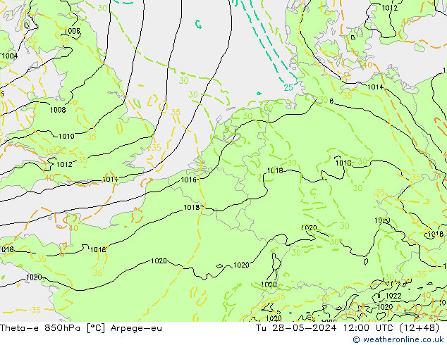 Theta-e 850hPa Arpege-eu Sa 28.05.2024 12 UTC