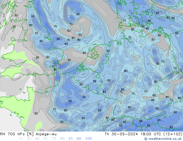 RH 700 hPa Arpege-eu Th 30.05.2024 18 UTC