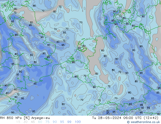 RH 850 hPa Arpege-eu Tu 28.05.2024 06 UTC