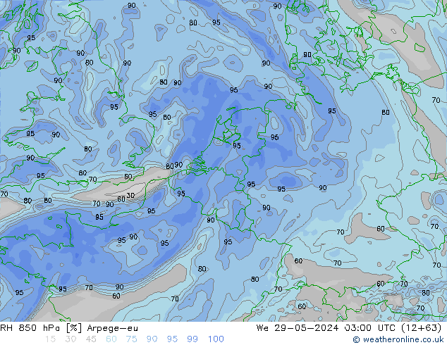 Humidité rel. 850 hPa Arpege-eu mer 29.05.2024 03 UTC