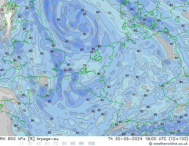 850 hPa Nispi Nem Arpege-eu Per 30.05.2024 18 UTC